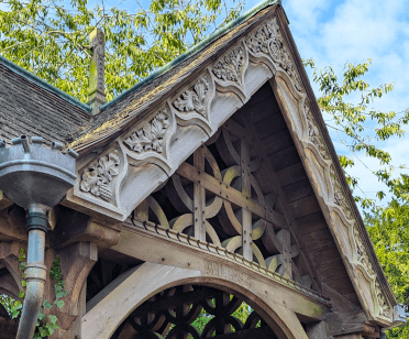 Incredible joinery work on a covered gateway into the Bishop's Castle churchyard.