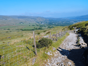 Llanberis Path ascends steadily, but the path is quite rocky in places. Its flanked by green farmland.