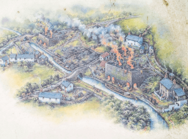 Artwork of the kilns. This is an aerial drawing showing the canal, kilns and surrounding buildings. The kilns, here and further along the canal, belch fire and smoke as they produce lime mortar.
