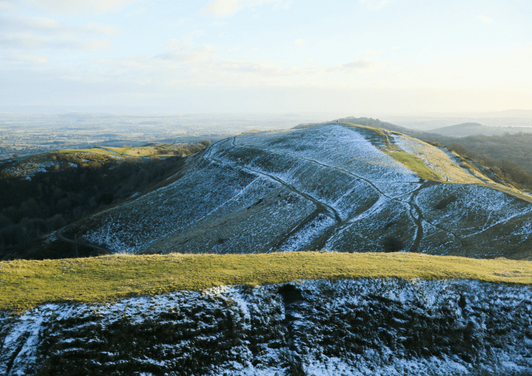 Snow dusts the Malvern Hills, viewed from atop one of the highest peaks.