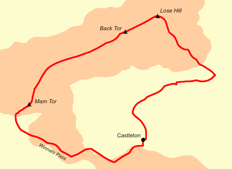 Mam Tor and Great Ridge Walk Circular Tour Map.