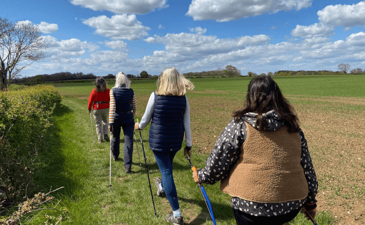 Nordic Walkers trek in single file along the boundary of a field.