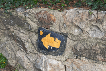 A yellow waymarker-style arrow painted onto a low stone wall.