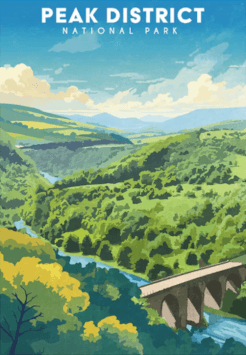 Art depicting views over a viaduct and green trees in the Peak District.