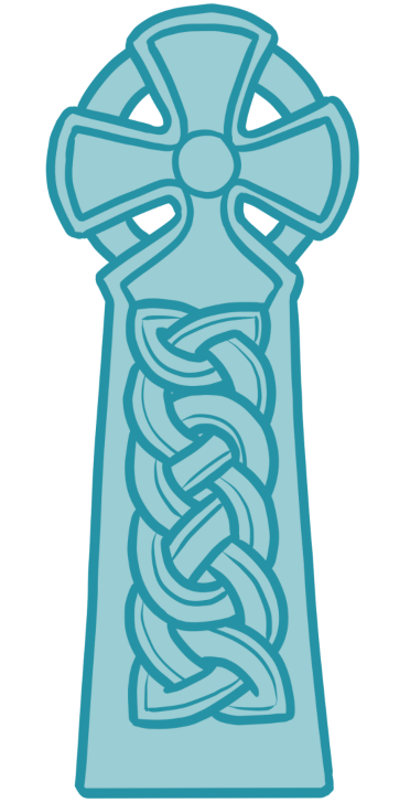 A drawing in Contours' colours of a stone cross adorned with a celtic knot.