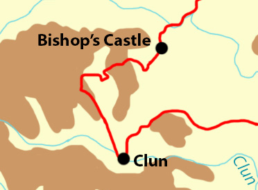 A map of the Shropshire Hills walking holiday, focused specifically on the stage between Bishop's Castle and Clun. The walk does not link the two towns directly, but detours in a wide arch to enjoy the best scenery of the surrounding countryside.