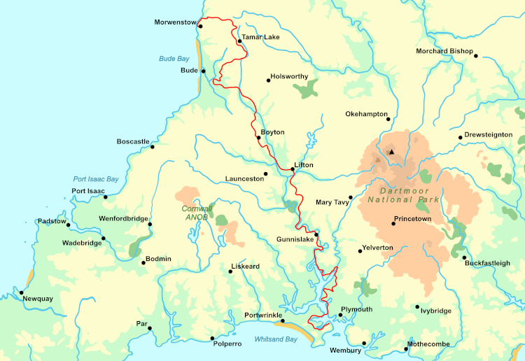 A map of the Tamara Coast to Coast Way  walking holiday in Cornwall and Devon.
