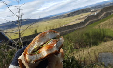 A sandwich held out in front of a rural trail.