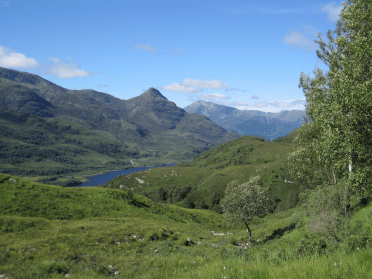 The craggy mountain peaks of the Scottish Highlands look a little less brutal in summer, covered in green foliage. Pictured from the West Highland Way.