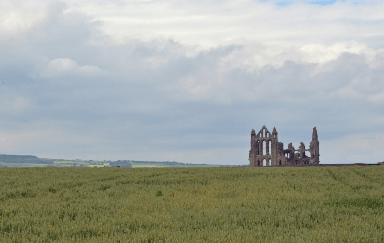 Whitby Abbey as seen from afar, surrounded by flat grassland with the sea behind it.