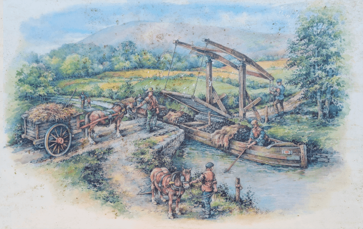 A photo of the artwork on an info board beside the canal. The art depicts a barge loaded with coal passing beneath an open drawbridge, with a horse and cart waiting for the bridge to lower again so they can pass.