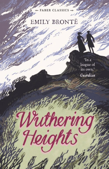 The cover of Emily Bronte's Wuthering Heights. This edition depicts two silhouetted figures standing on a rock outcropping above the Yorkshire moors, with a roiling sky above and the title in the space below.