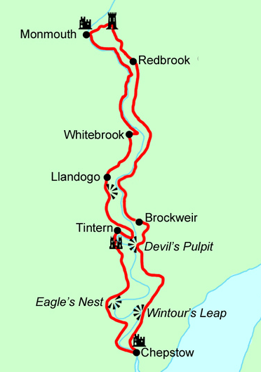 A map of the Circular Wye Valley Short Break offered by Contours Walking Holidays, travelling from Chepstow to Monmouth and back again along either bank of the River Wye.